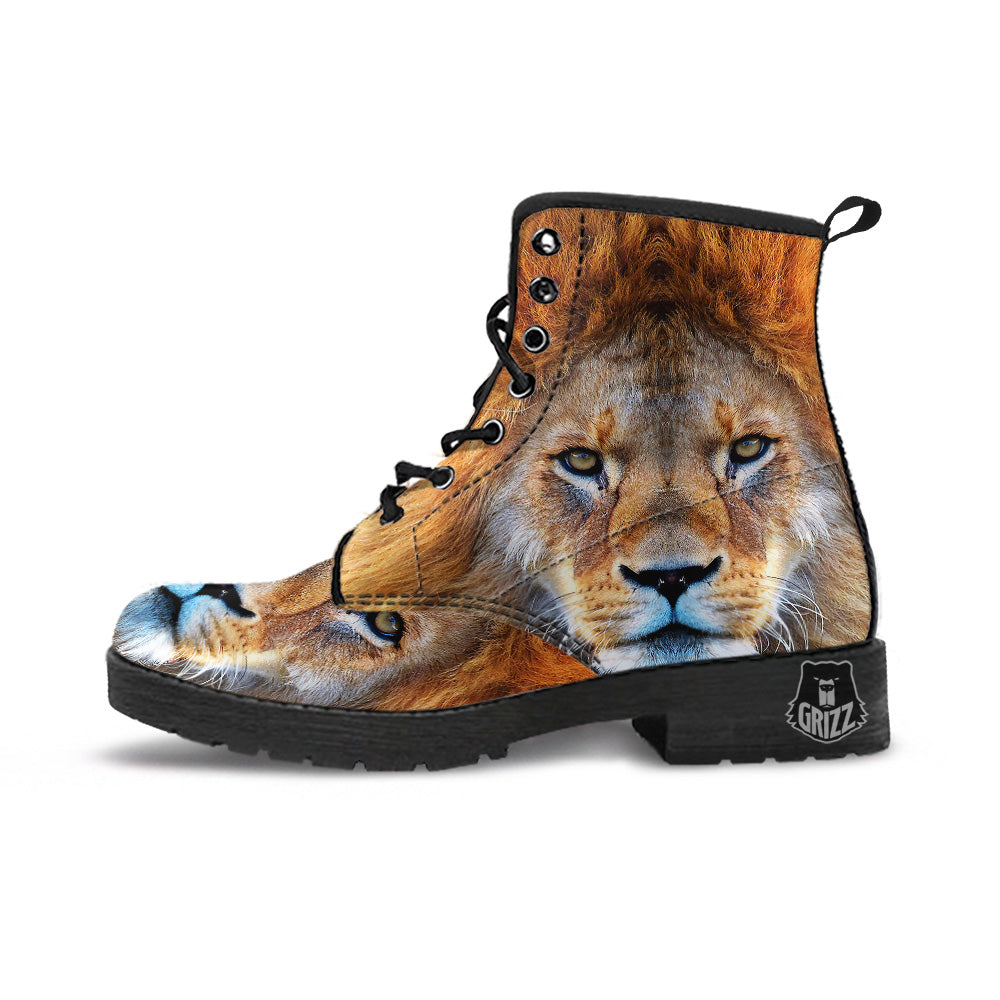 Portrait African Lion Print Leather Boots-grizzshop