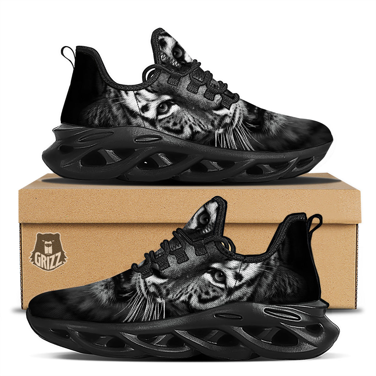Portrait Black Tiger Print Black Running Shoes-grizzshop