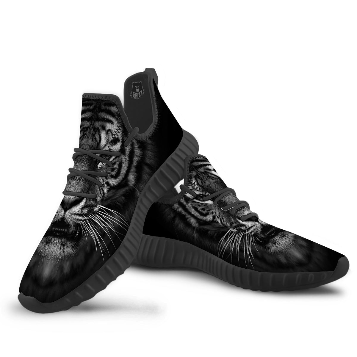 Portrait Black Tiger Print Black Walking Shoes-grizzshop