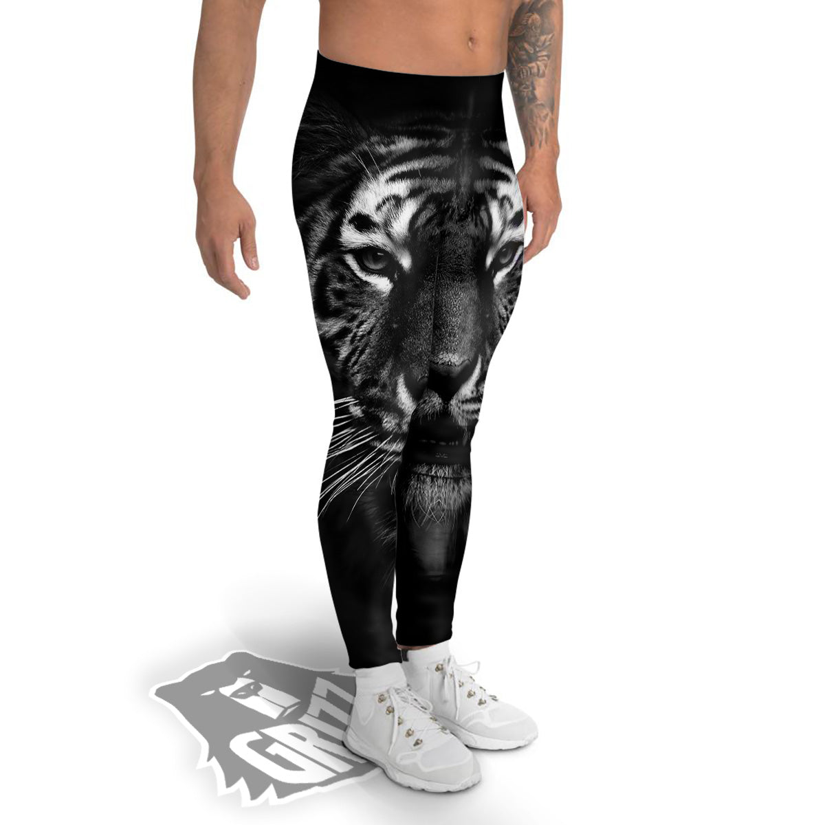 Portrait Black Tiger Print Men's Leggings-grizzshop