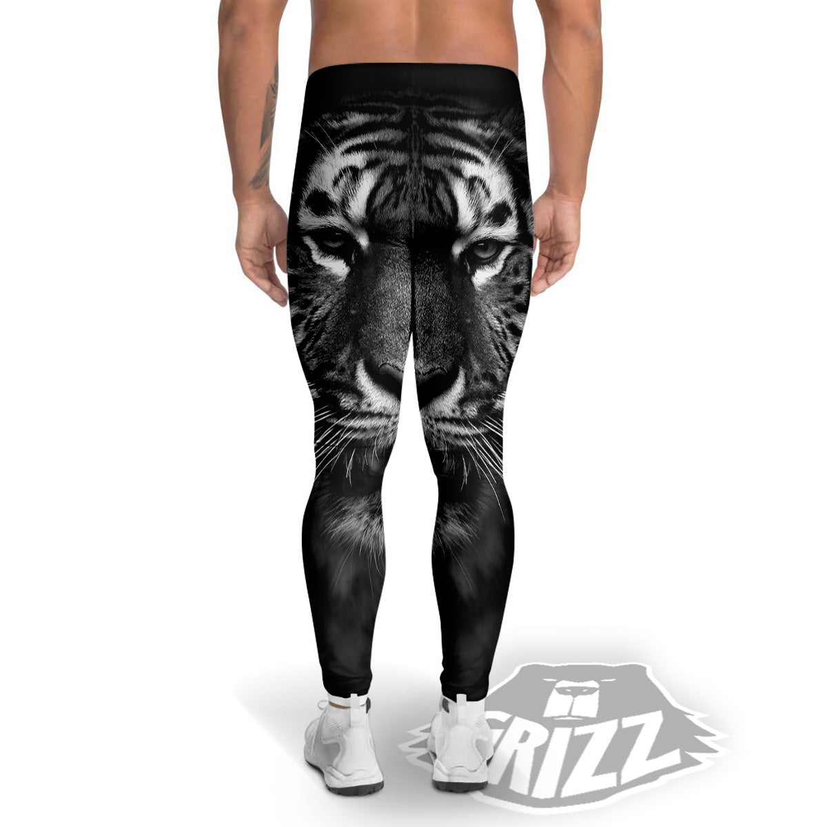 Portrait Black Tiger Print Men's Leggings-grizzshop