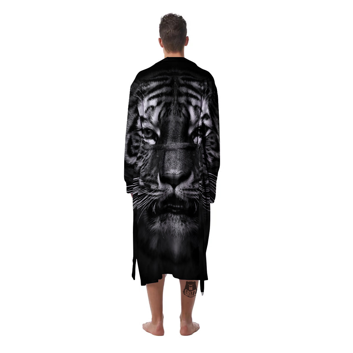 Portrait Black Tiger Print Men's Robe-grizzshop