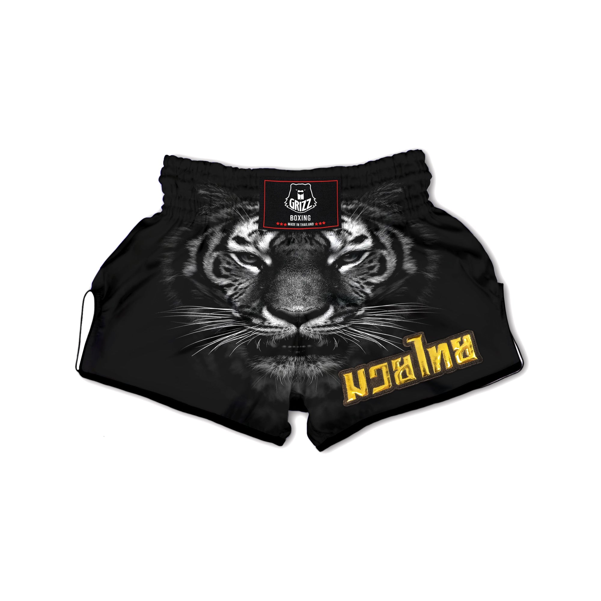 Portrait Black Tiger Print Muay Thai Boxing Shorts-grizzshop