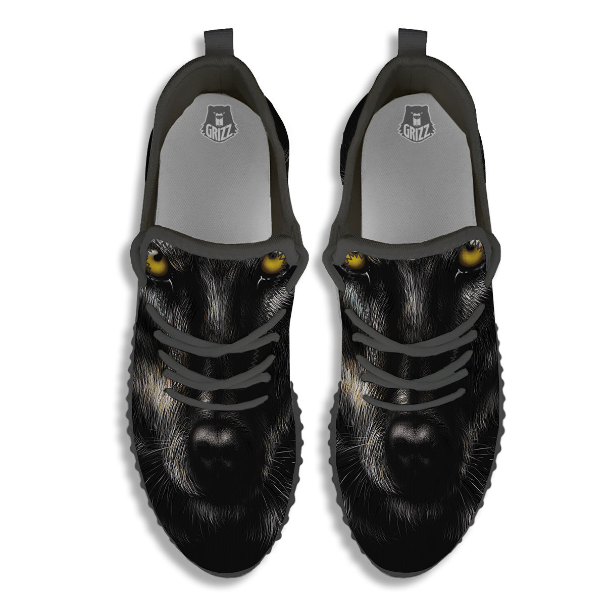 Portrait Black Wolf Print Black Walking Shoes-grizzshop