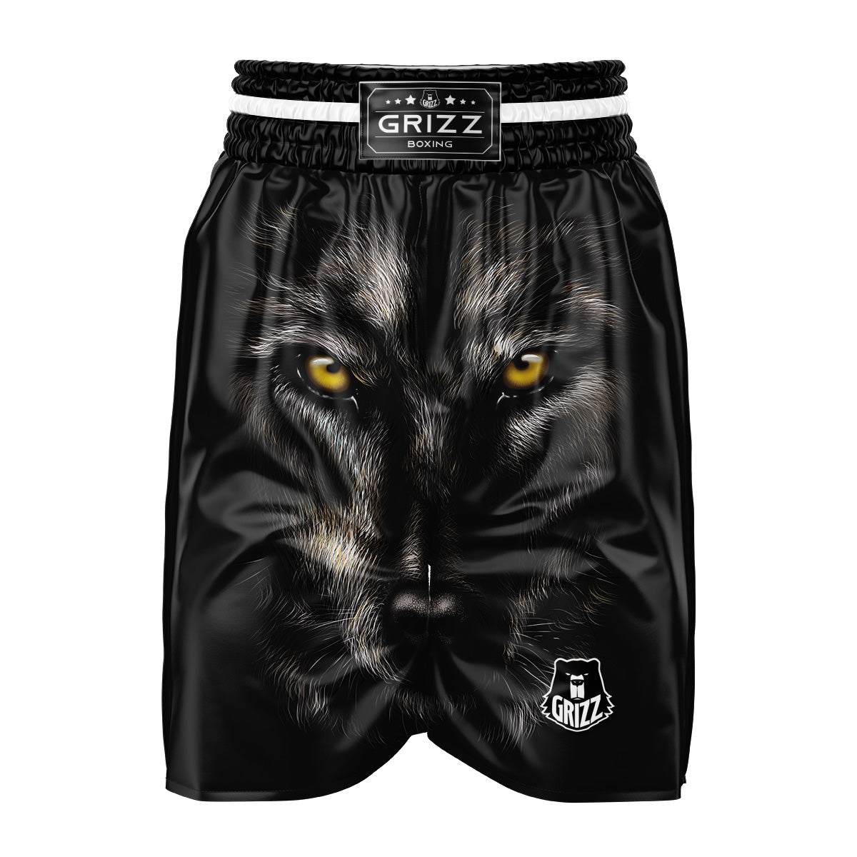 Portrait Black Wolf Print Boxing Shorts-grizzshop