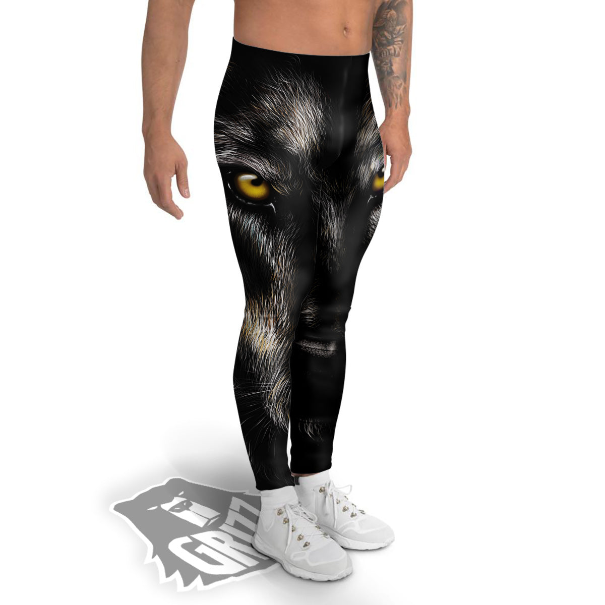 Portrait Black Wolf Print Men's Leggings-grizzshop