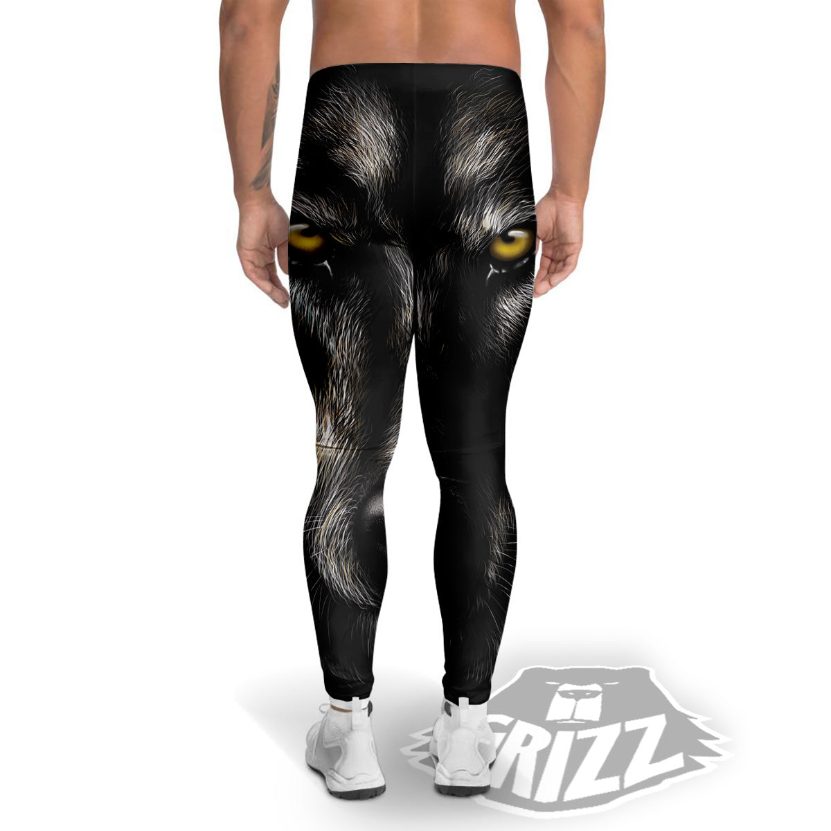 Portrait Black Wolf Print Men's Leggings-grizzshop