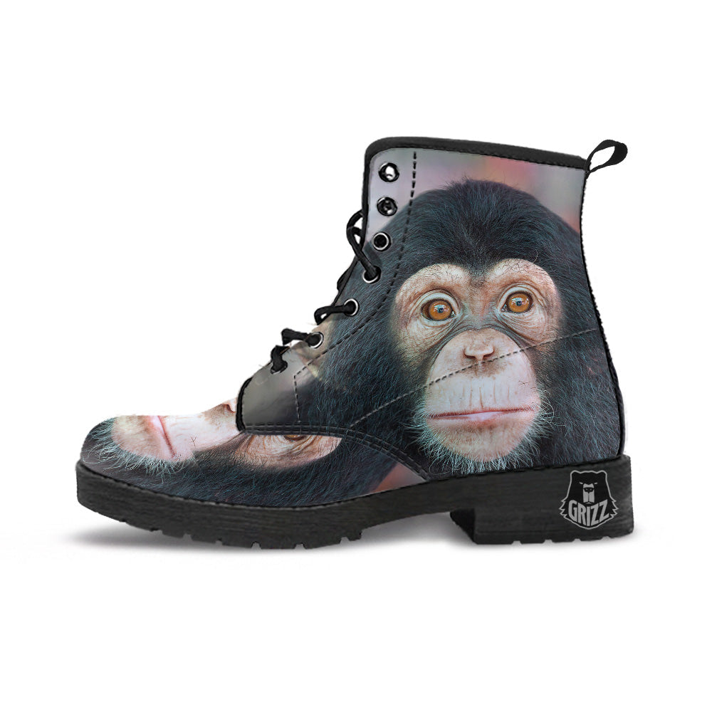 Portrait Chimpanzee Print Leather Boots-grizzshop