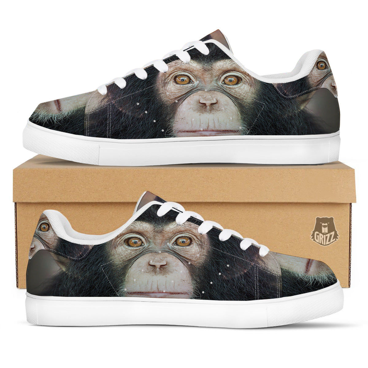 Portrait Chimpanzee Print White Low Top Sneakers-grizzshop