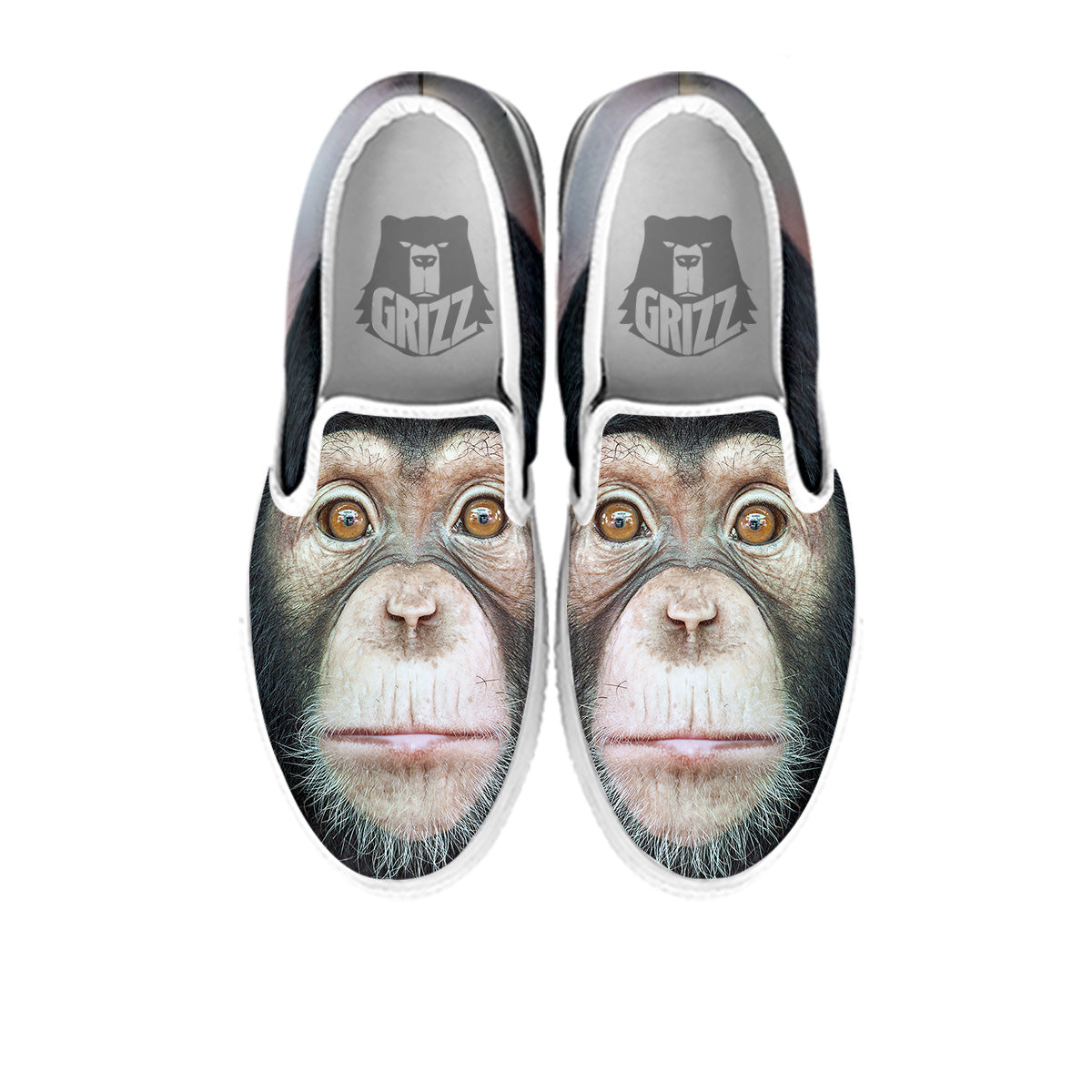 Portrait Chimpanzee Print White Slip On Shoes-grizzshop
