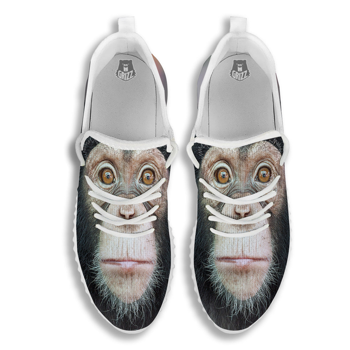 Portrait Chimpanzee Print White Walking Shoes-grizzshop