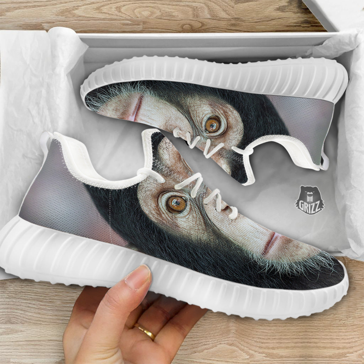 Portrait Chimpanzee Print White Walking Shoes-grizzshop