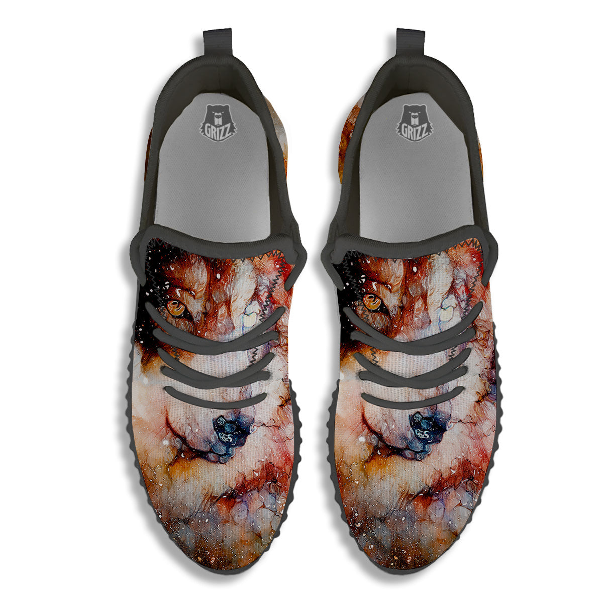 Portrait Cosmic Wolf Print Black Walking Shoes-grizzshop