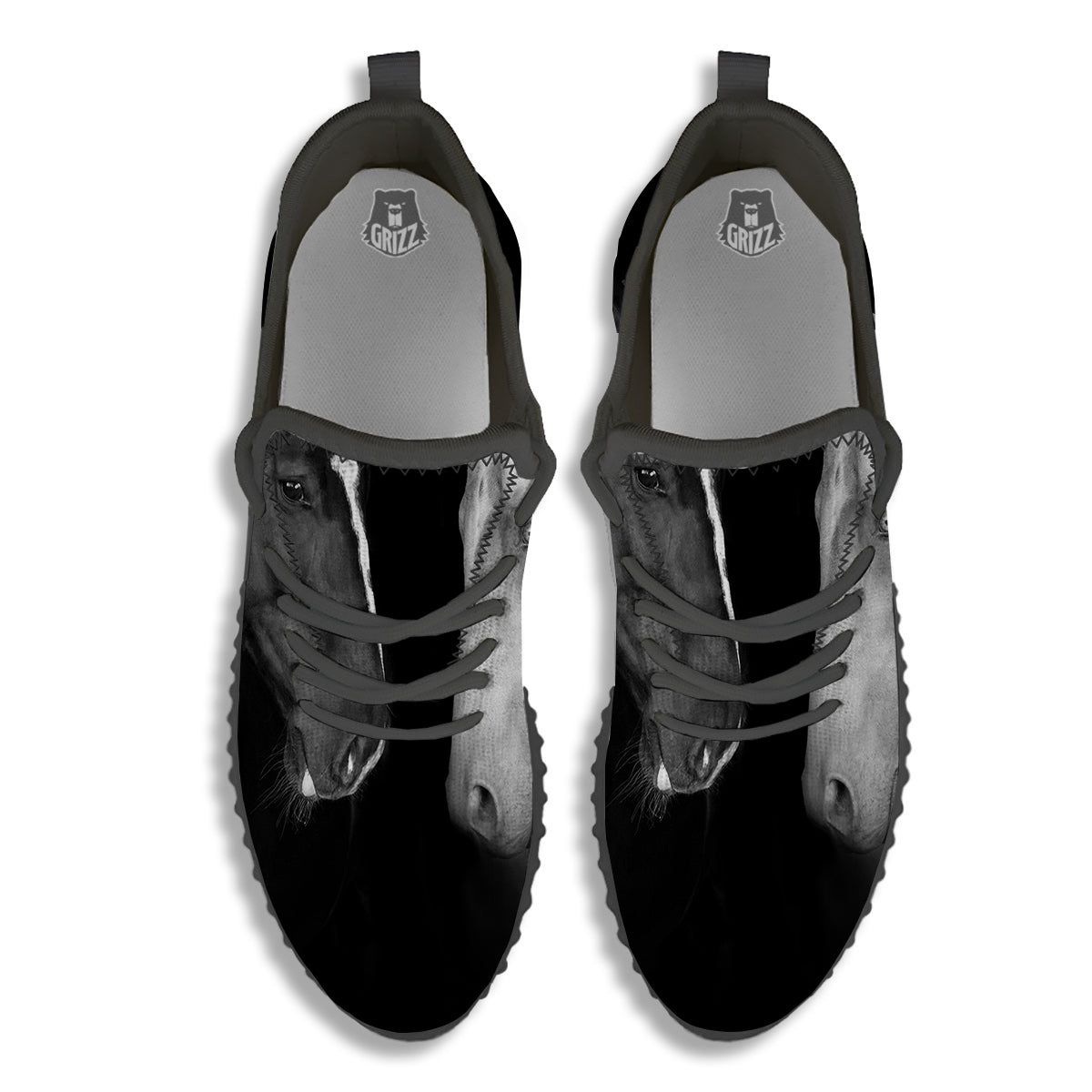 Portrait Couple Horses Print Black Walking Shoes-grizzshop