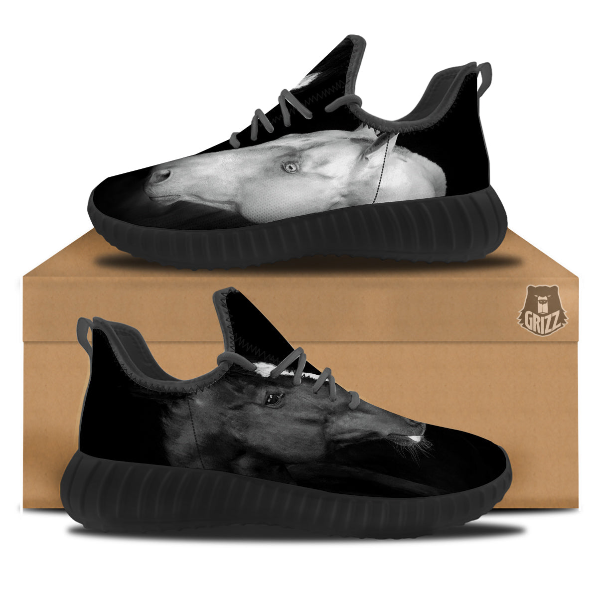 Portrait Couple Horses Print Black Walking Shoes-grizzshop