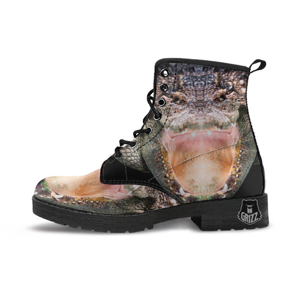 Portrait Crocodile Print Leather Boots-grizzshop
