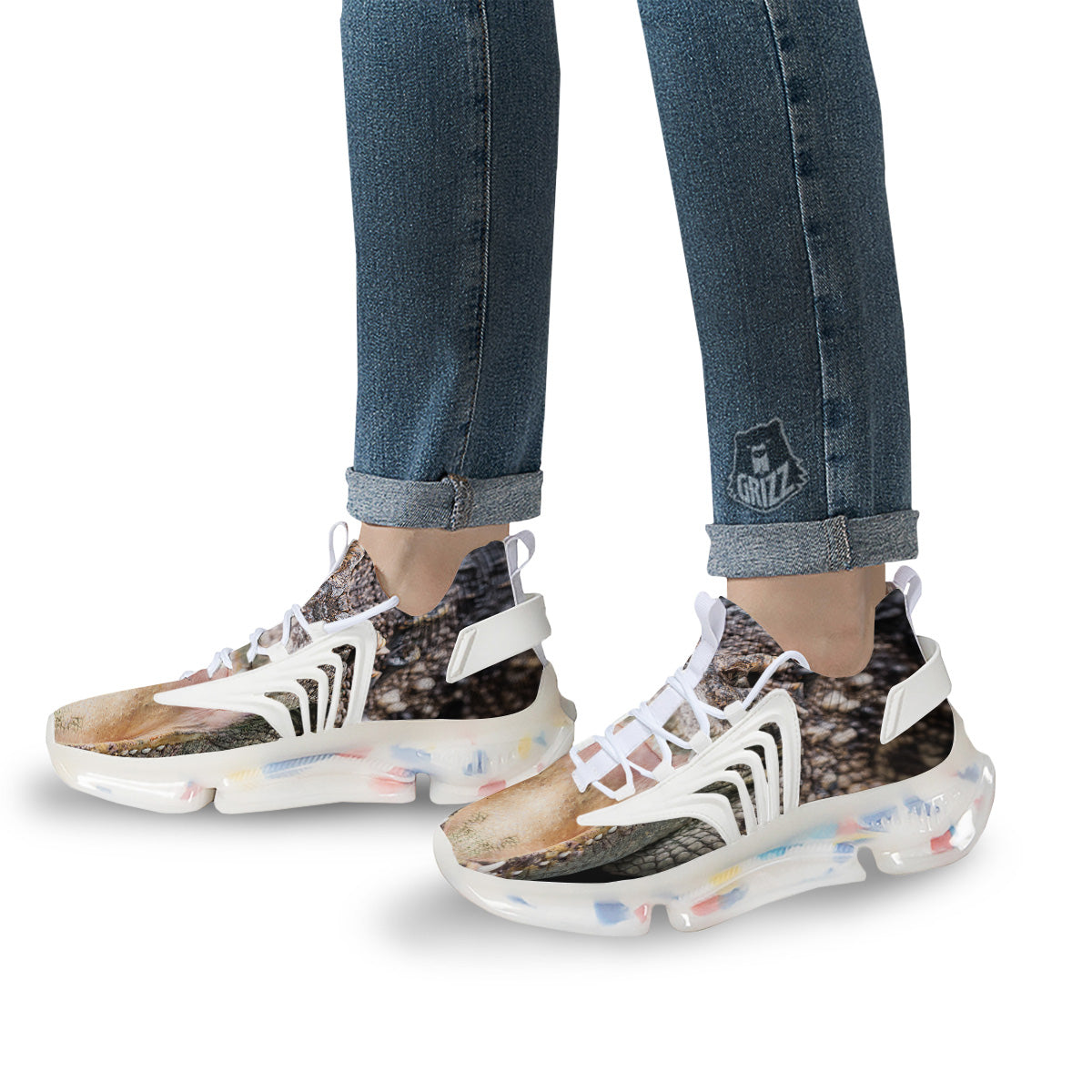 Portrait Crocodile Print White Gym Shoes-grizzshop