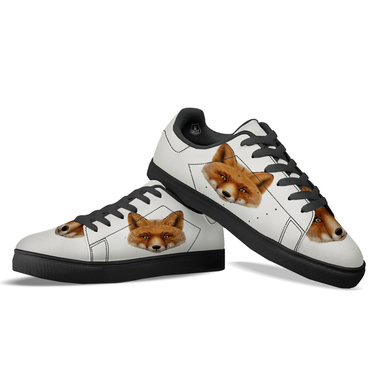 Portrait Fox Print Black Low Top Sneakers-grizzshop
