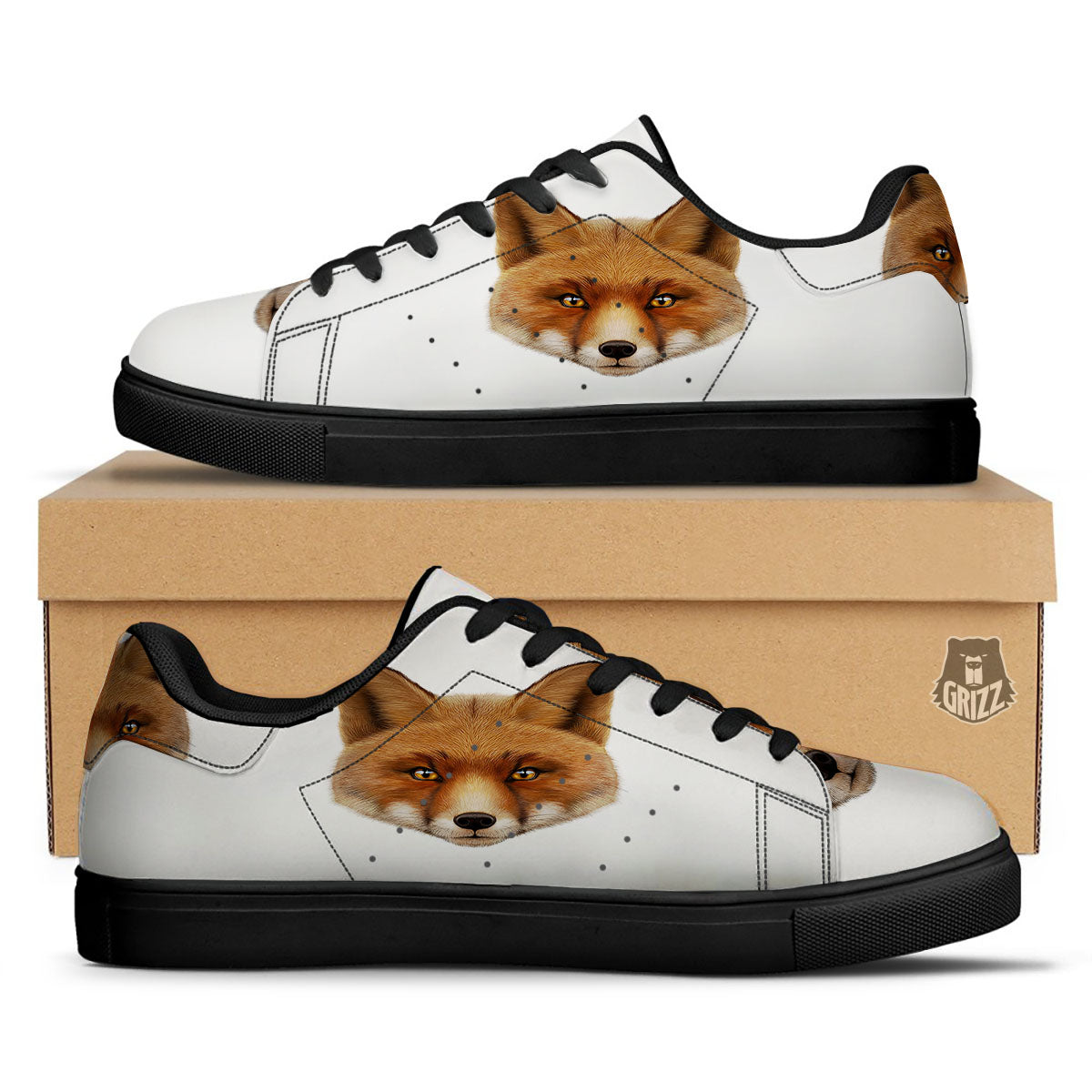 Portrait Fox Print Black Low Top Sneakers-grizzshop