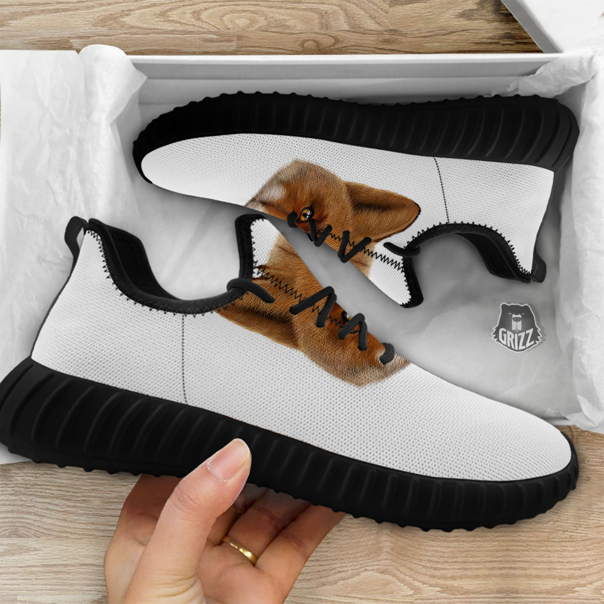 Portrait Fox Print Black Walking Shoes-grizzshop