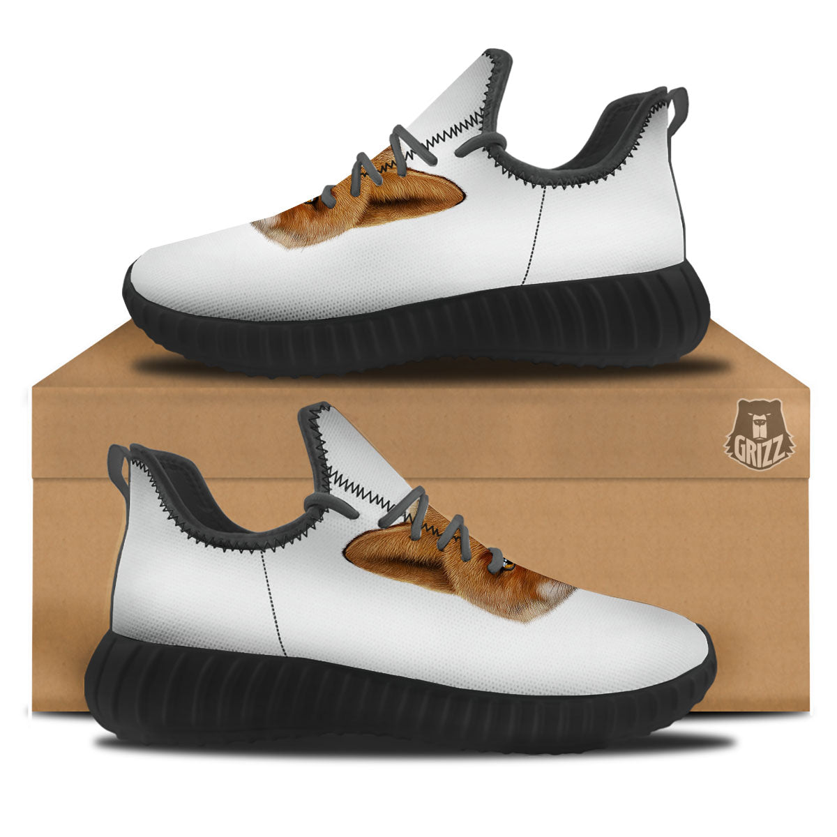 Portrait Fox Print Black Walking Shoes-grizzshop