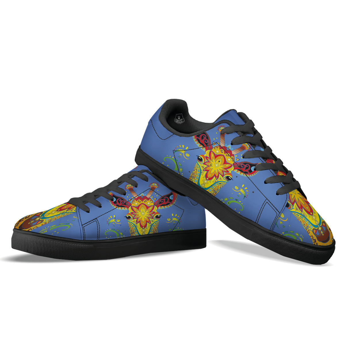 Portrait Giraffe Colorful Print Black Low Top Sneakers-grizzshop