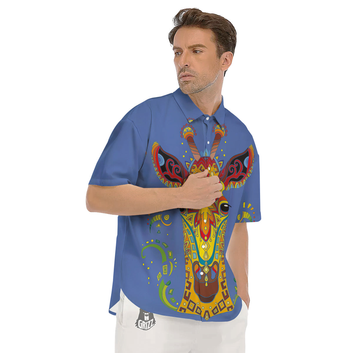 Portrait Giraffe Colorful Print Men's Short Sleeve Shirts-grizzshop