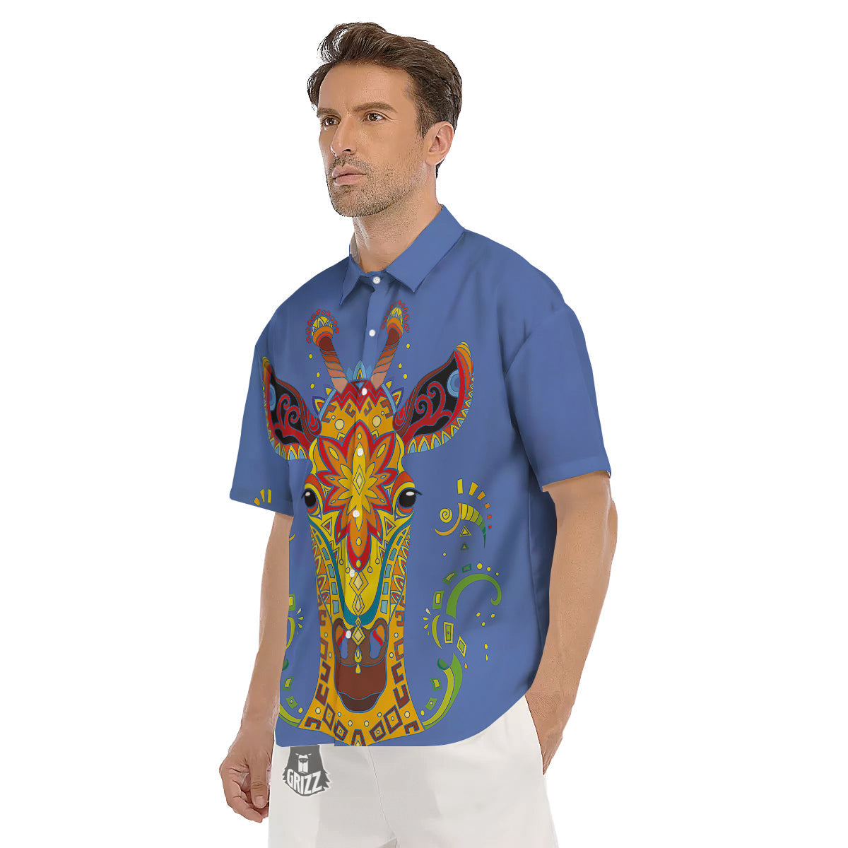Portrait Giraffe Colorful Print Men's Short Sleeve Shirts-grizzshop