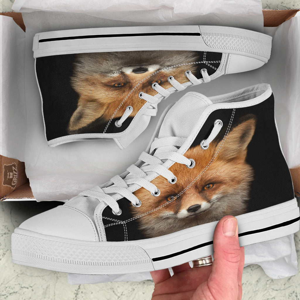 Portrait Head Fox Print White High Top Shoes-grizzshop