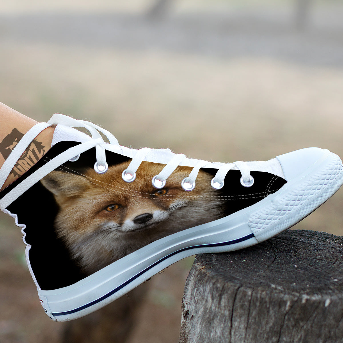 Portrait Head Fox Print White High Top Shoes-grizzshop