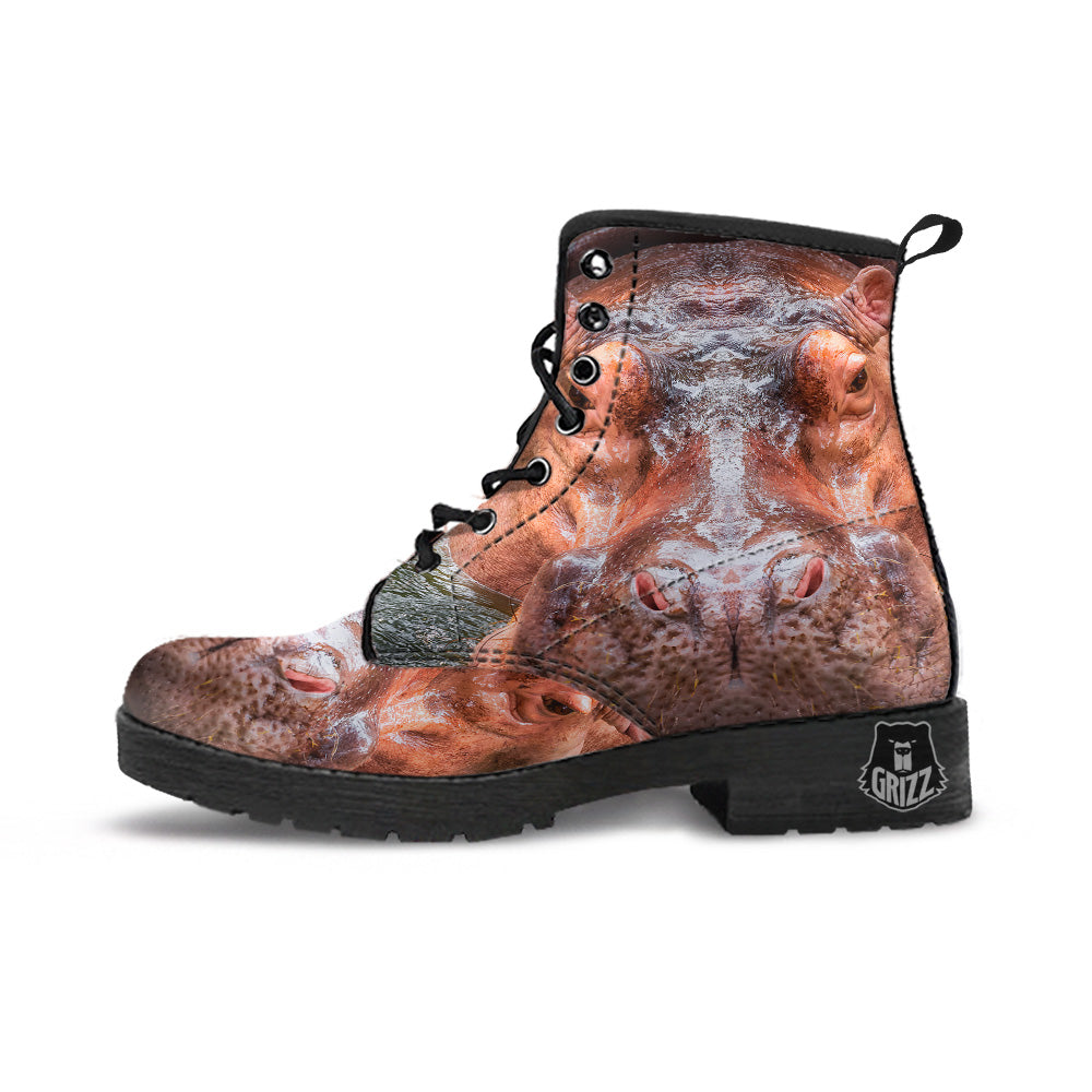 Portrait Hippo Print Leather Boots-grizzshop