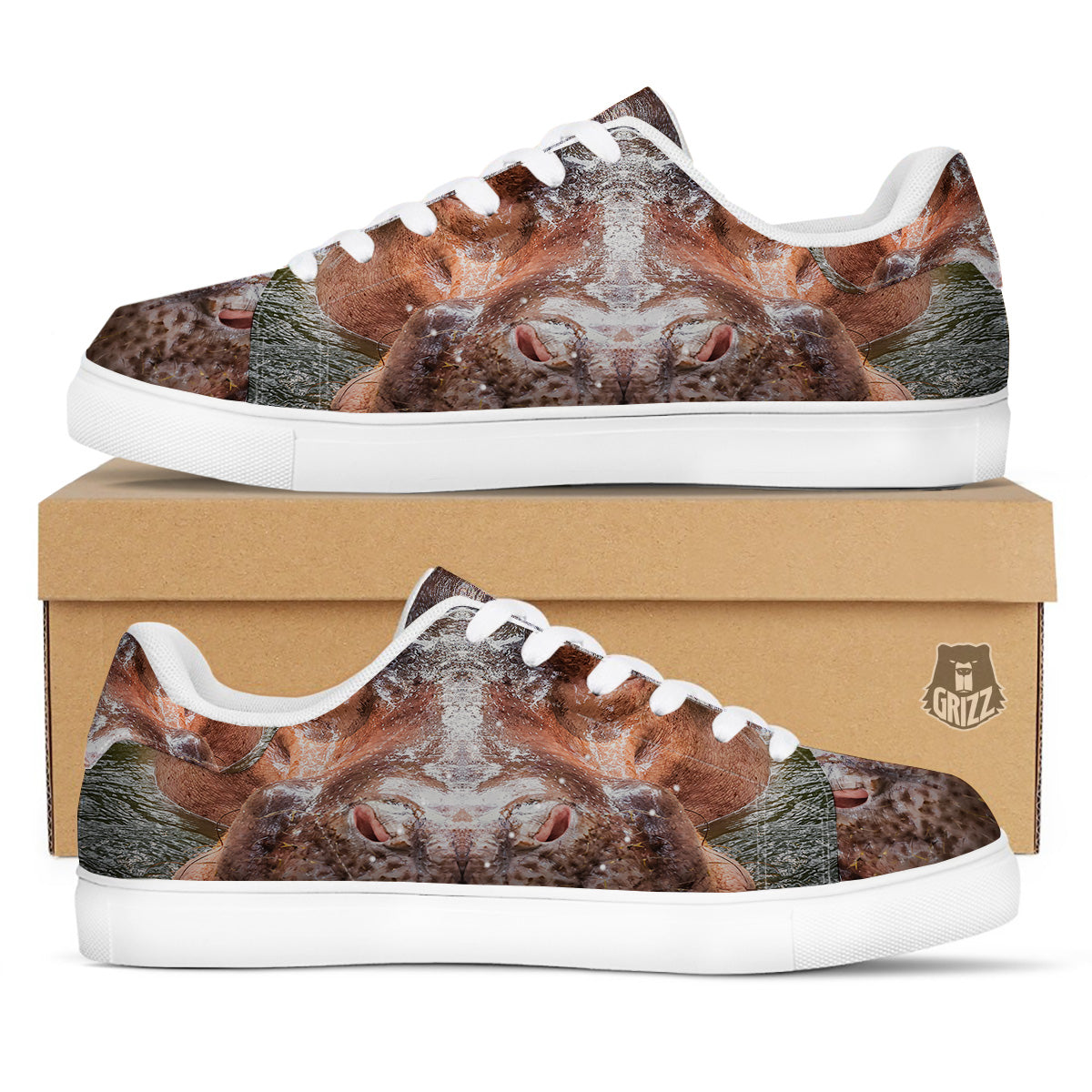 Portrait Hippo Print White Low Top Sneakers-grizzshop