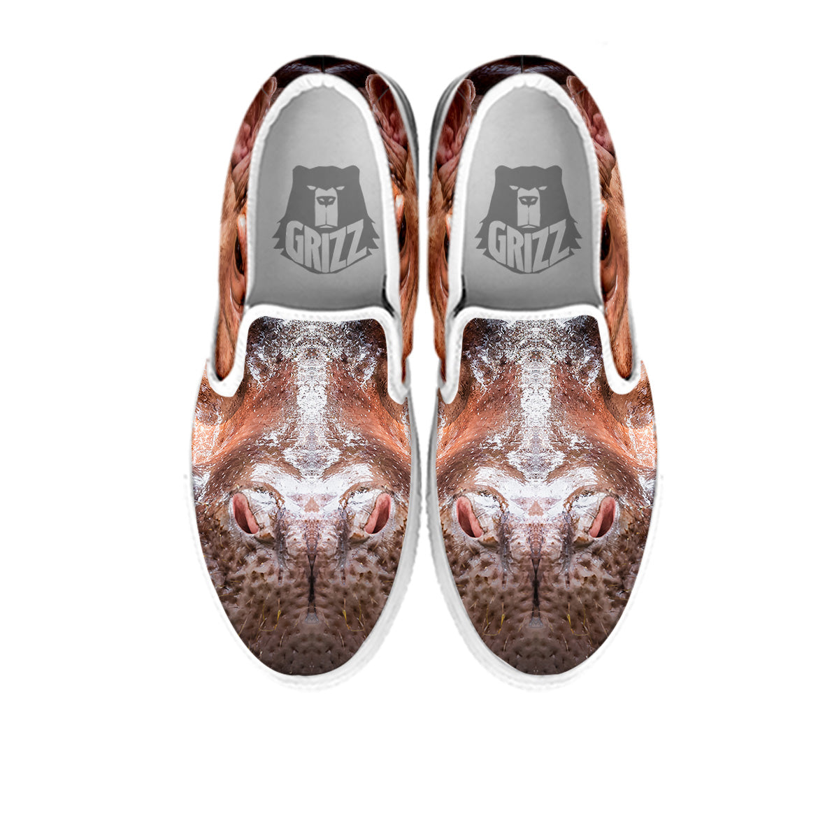 Portrait Hippo Print White Slip On Shoes-grizzshop