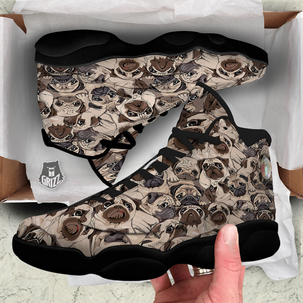 Portrait Pug Vintage Print Pattern Black Basketball Shoes-grizzshop