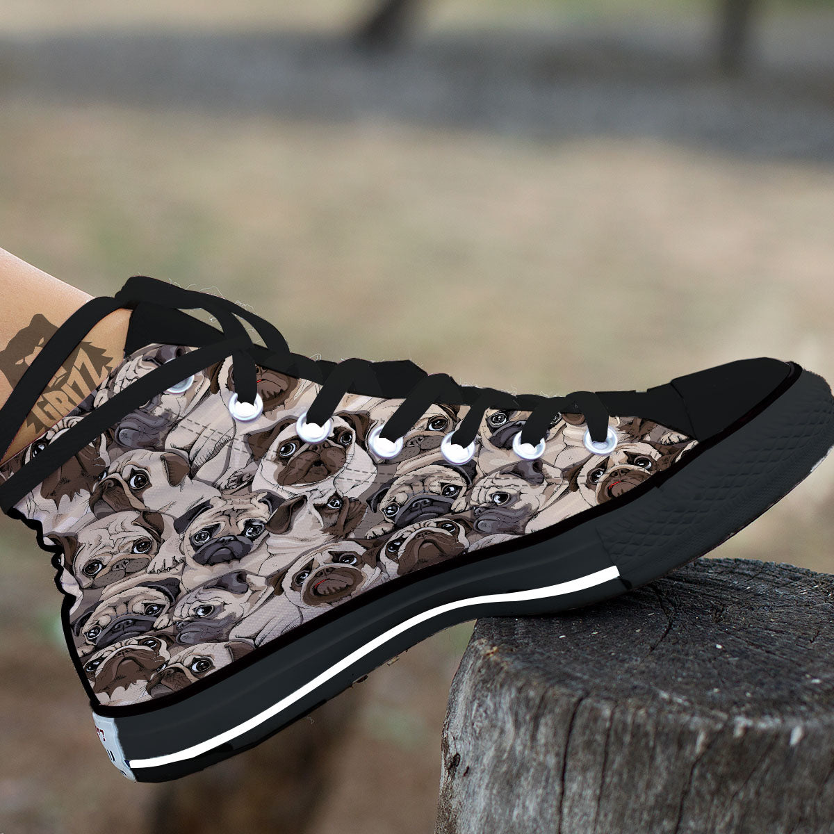 Portrait Pug Vintage Print Pattern Black High Top Shoes-grizzshop