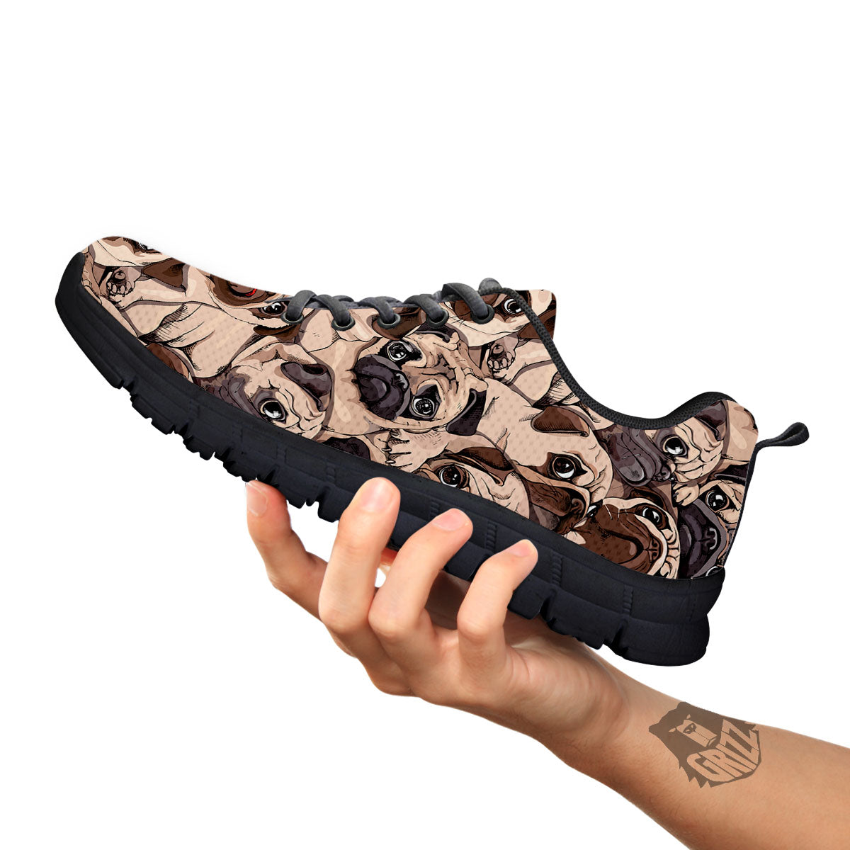 Portrait Pug Vintage Print Pattern Black Sneaker-grizzshop