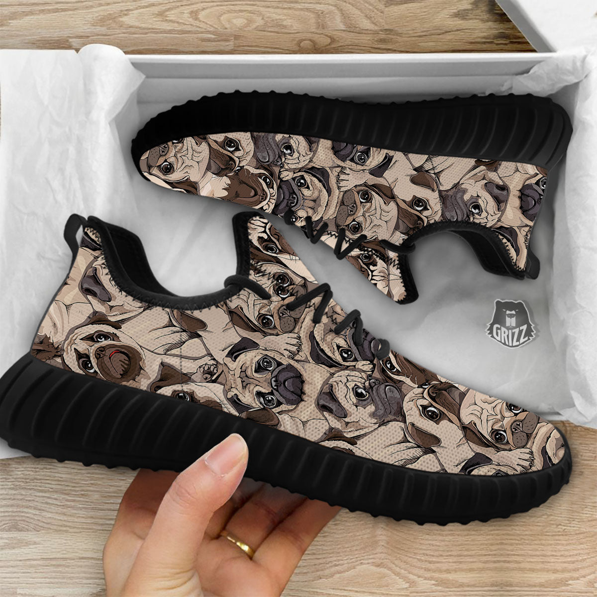 Portrait Pug Vintage Print Pattern Black Walking Shoes-grizzshop