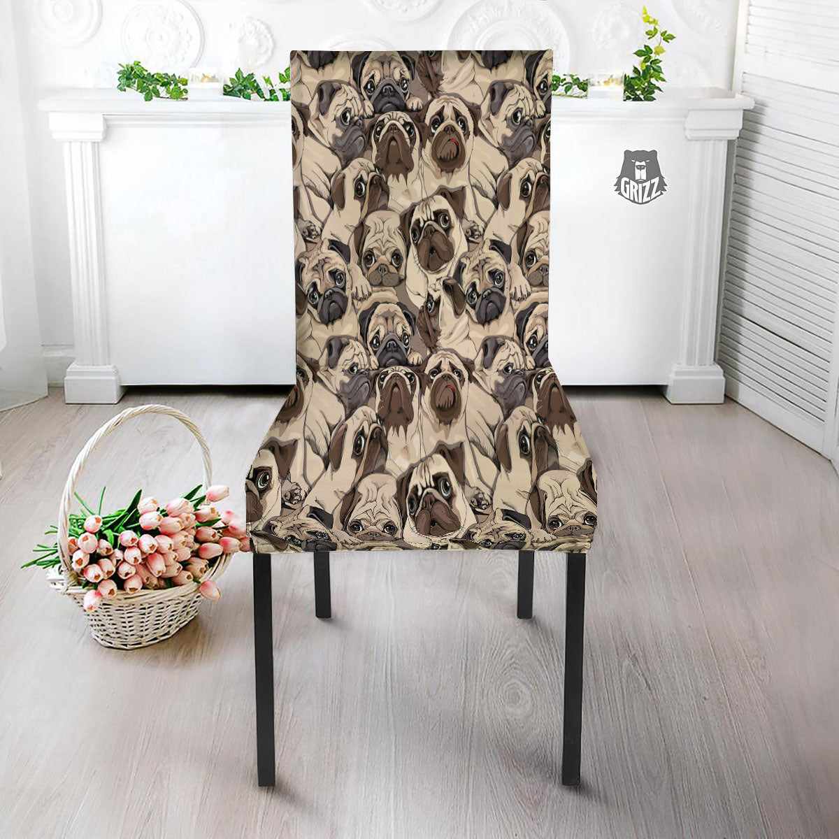 Portrait Pug Vintage Print Pattern Dining Chair Slipcover-grizzshop
