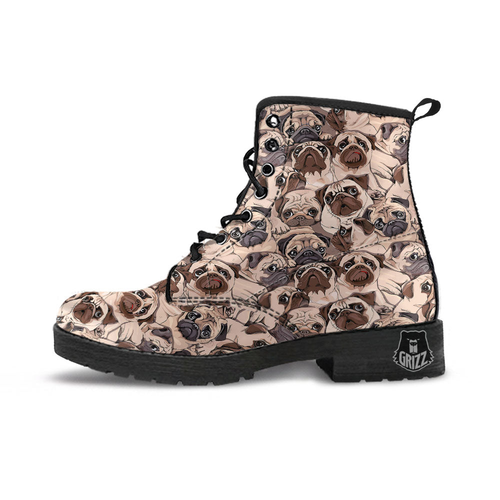 Portrait Pug Vintage Print Pattern Leather Boots-grizzshop