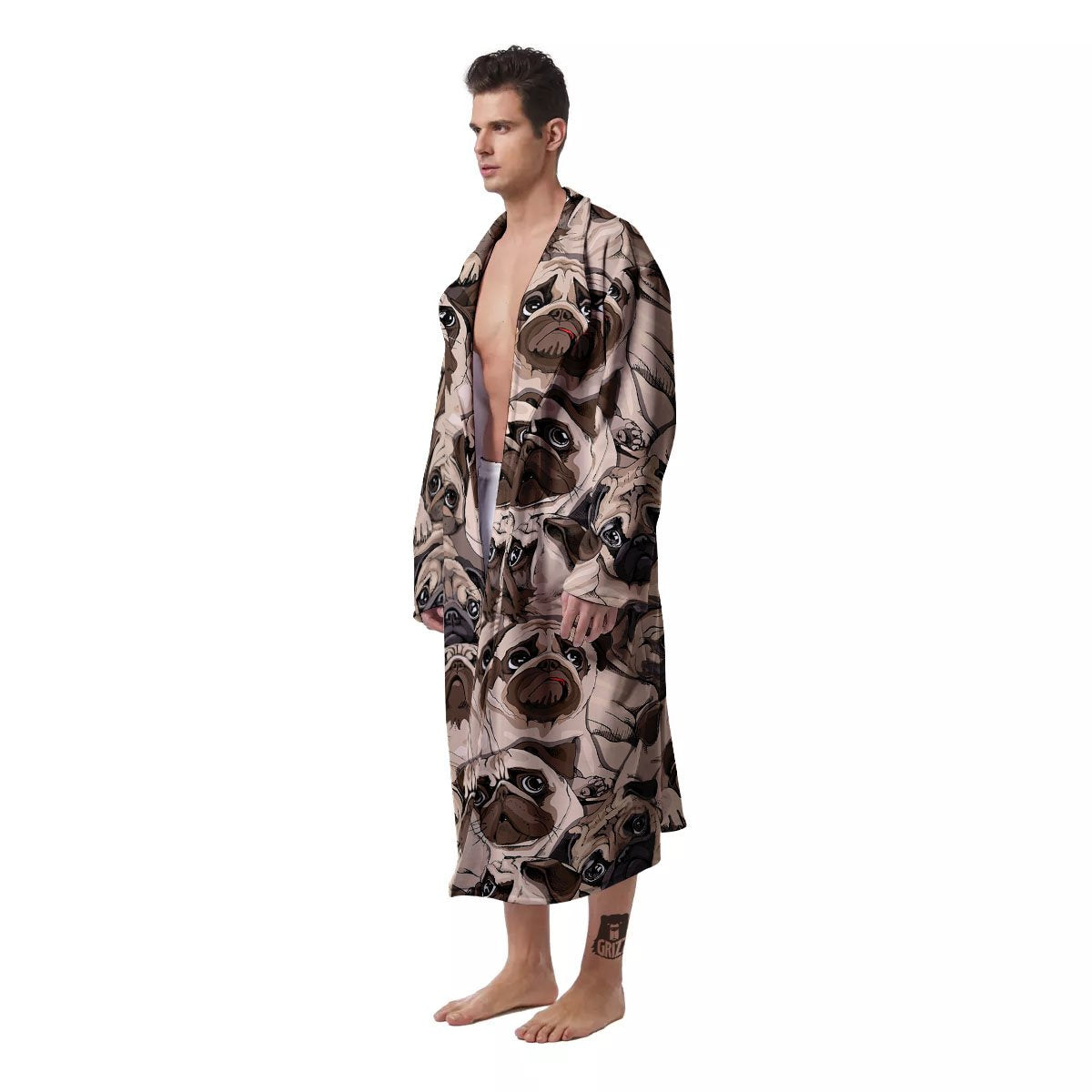 Portrait Pug Vintage Print Pattern Men's Robe-grizzshop