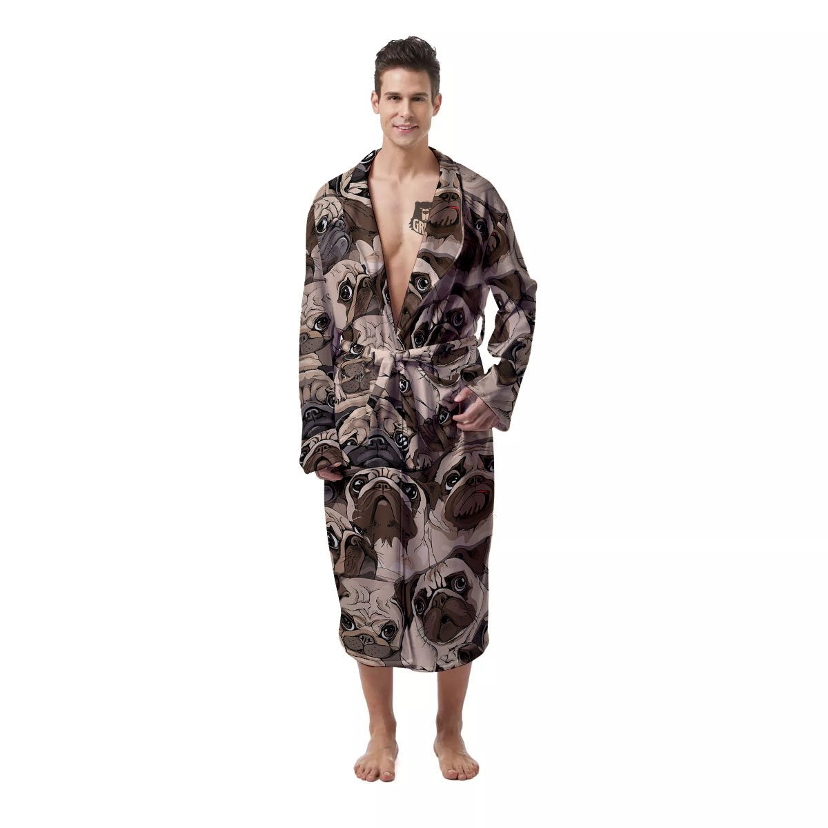 Portrait Pug Vintage Print Pattern Men's Robe-grizzshop