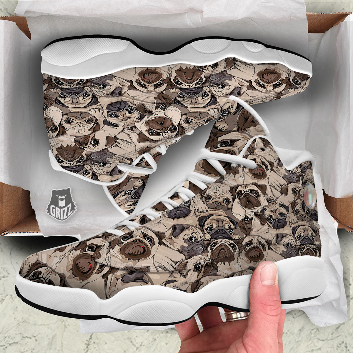 Portrait Pug Vintage Print Pattern White Basketball Shoes-grizzshop