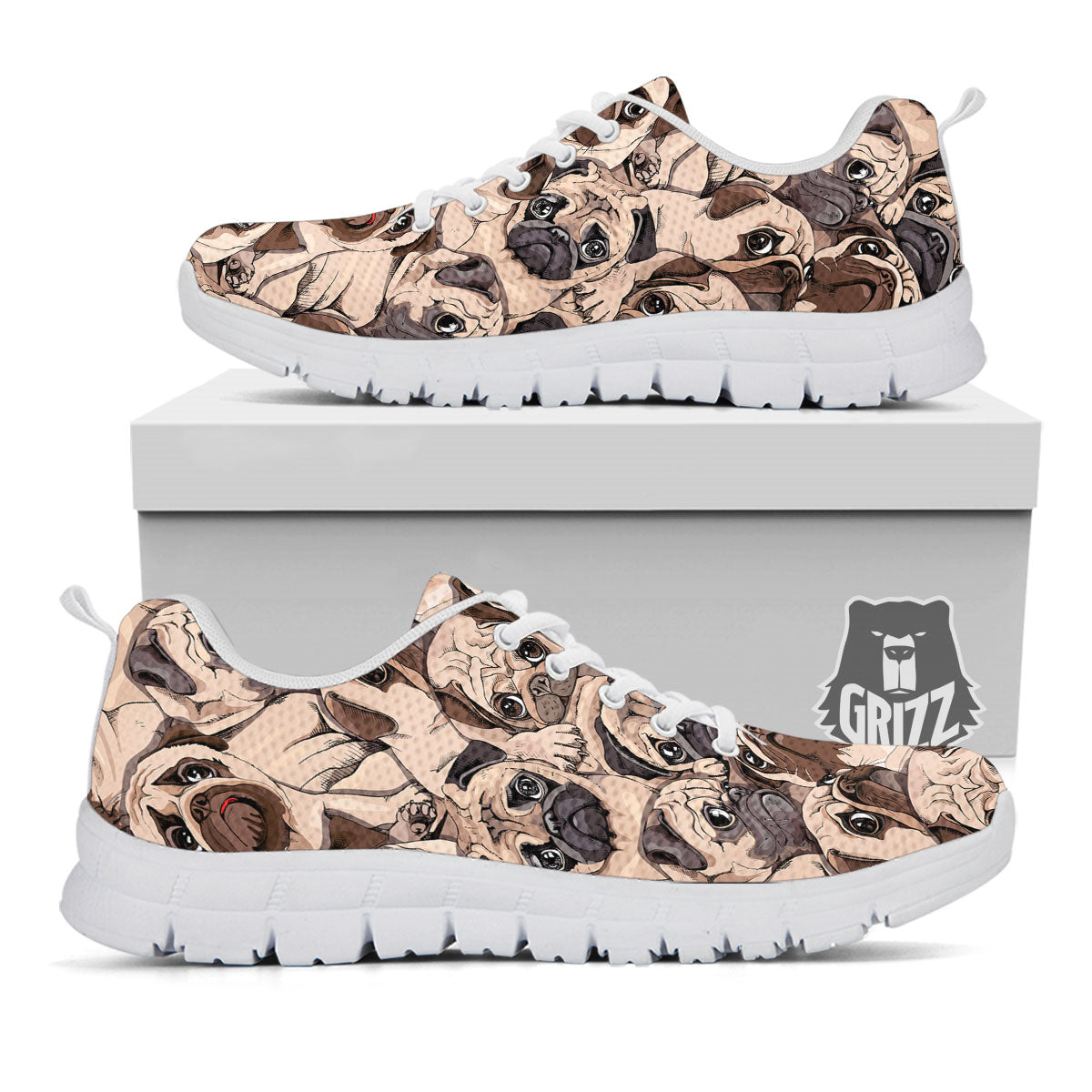 Portrait Pug Vintage Print Pattern White Sneaker-grizzshop