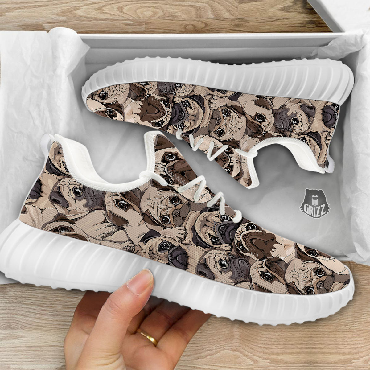 Portrait Pug Vintage Print Pattern White Walking Shoes-grizzshop