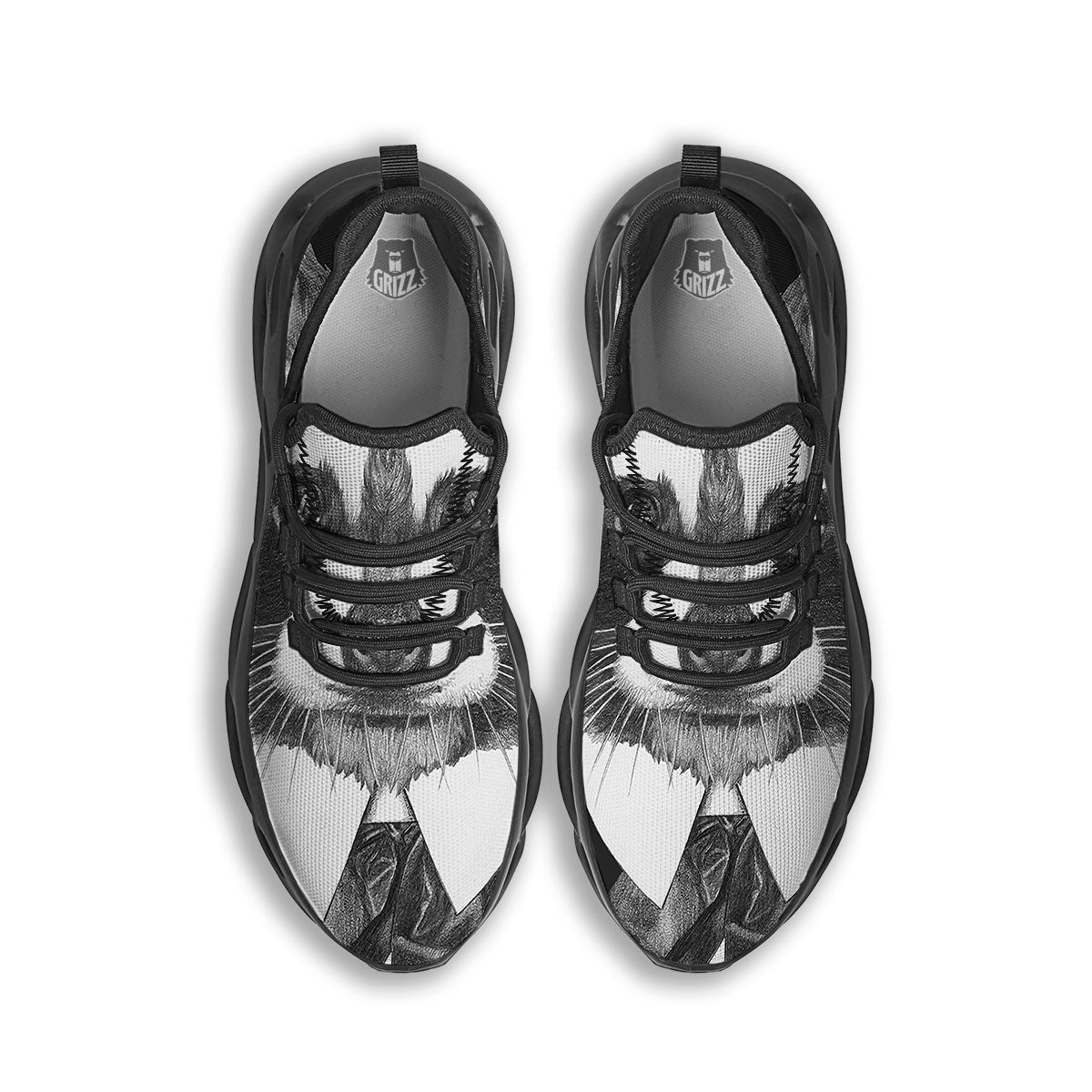 Portrait Raccoon Print Black Running Shoes-grizzshop