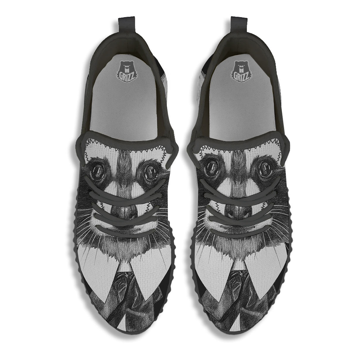 Portrait Raccoon Print Black Walking Shoes-grizzshop