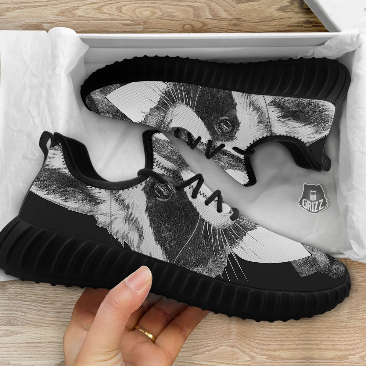 Portrait Raccoon Print Black Walking Shoes-grizzshop