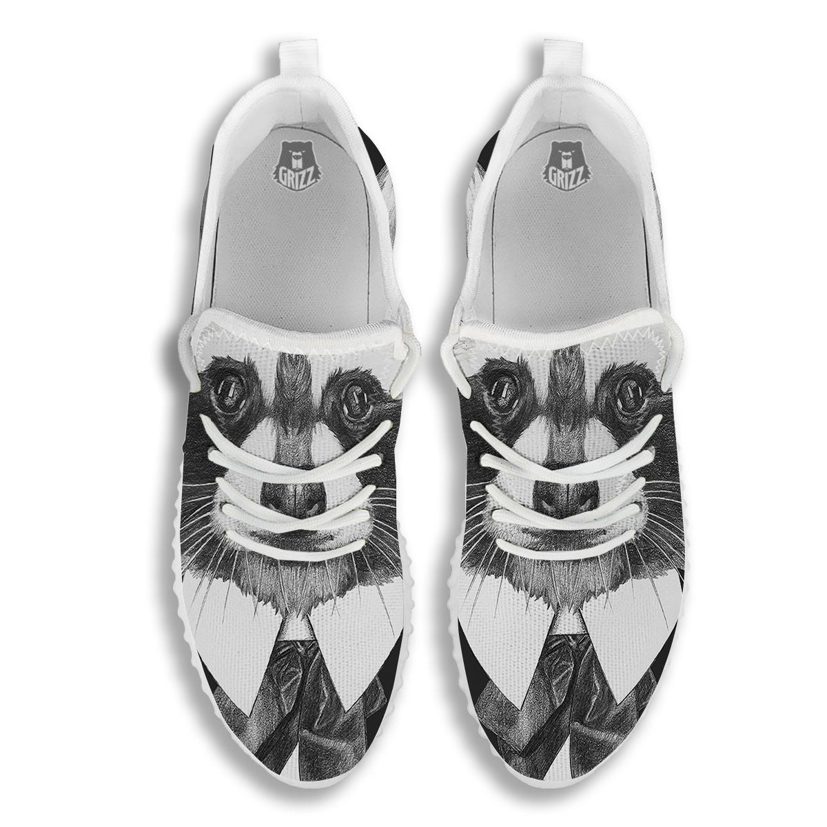 Portrait Raccoon Print White Walking Shoes-grizzshop
