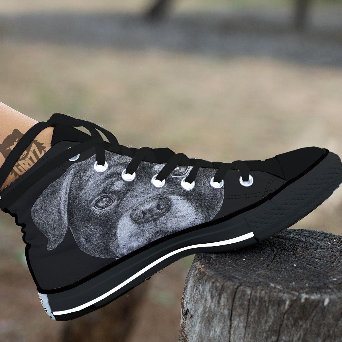 Portrait Rottweiler Vintage Print Black High Top Shoes-grizzshop