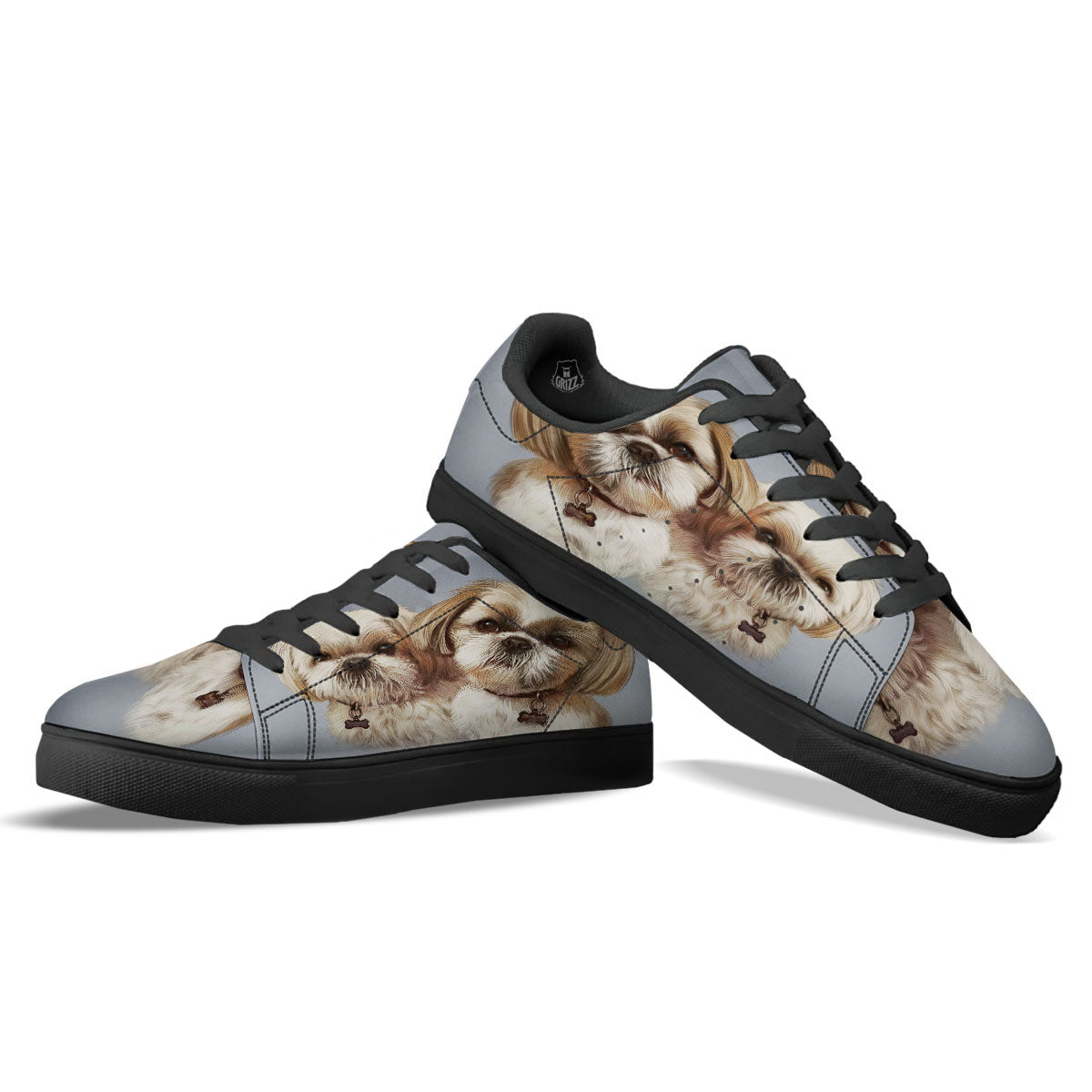 Portrait Shih Tzu Print Black Low Top Sneakers-grizzshop